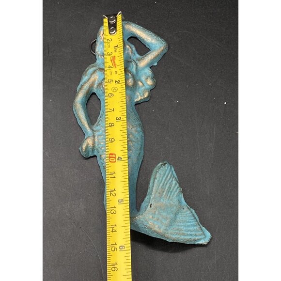 Grotto Beach Decor Coat Hat Wall Hook Cast Iron Mermaid Blue Patina 6” - Picture 4 of 5